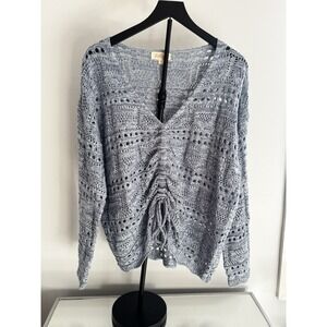 Listicle Blue Crochet‎ Sweater M Drawstring Front Boho Open Knit Long Sleeve Top